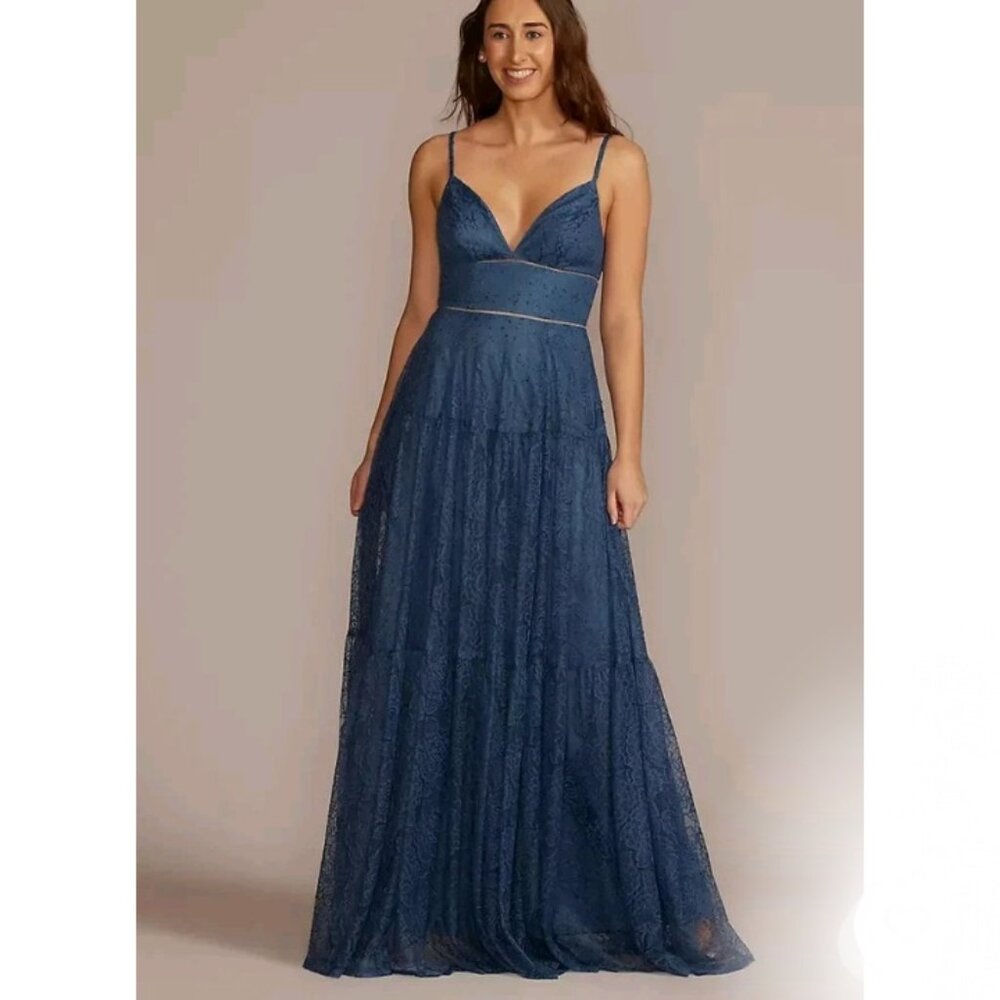 NWT DB Studio Lace A-Line Gown 16 Blue Floor Length V-Neck Formal Prom Wedding - Picture 1 of 15